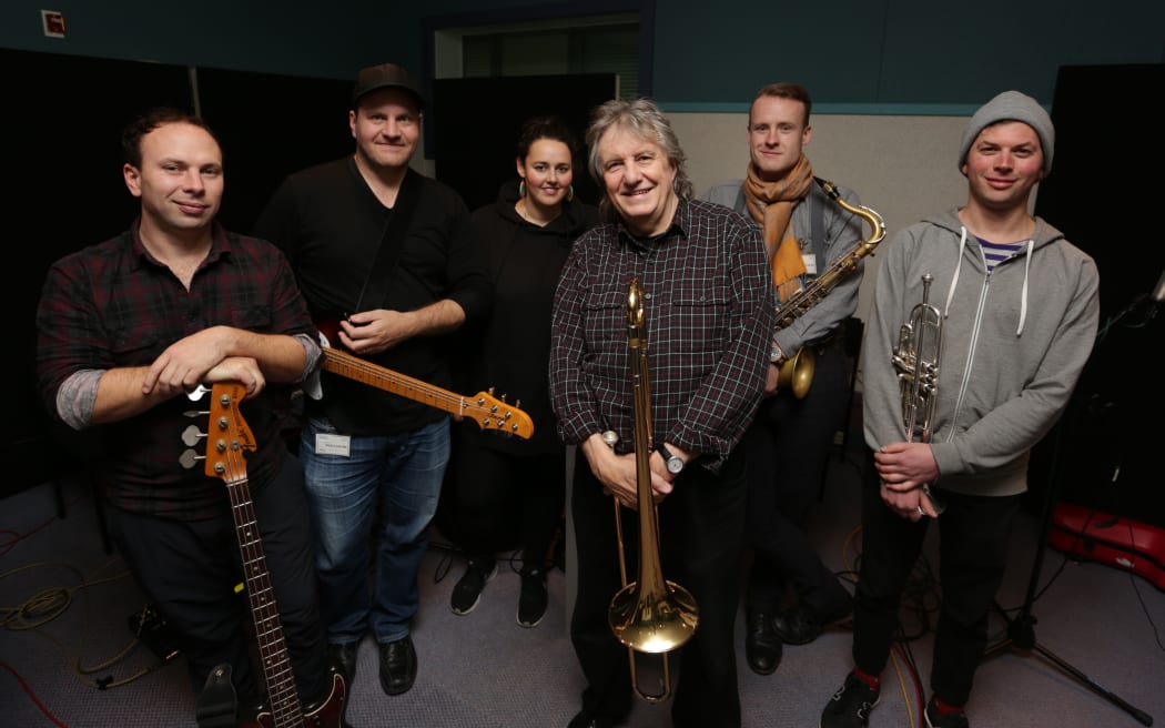 The Rodger Fox Band: (L-R) Rory Macartney, Nick Granville, Lauren Ellis, Rodger Fox, Oscar Laven, Ben Hunt