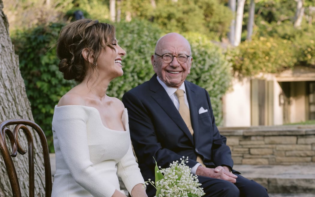 Rupert Murdoch and Elena Zhukova posing for a photo on 1 June, 2024 during their wedding ceremony at his vineyard estate in Bel Air, California.