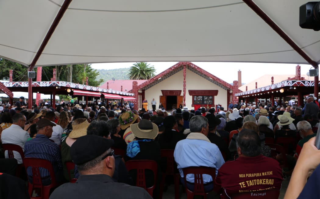 Attendees listen to speakers on Saturday morning, at Tūrangawaewae Marae in Ngāruawāhia.
