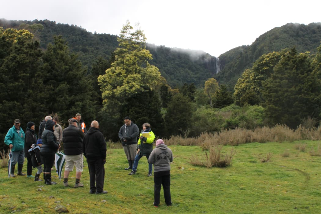 Ngāti Hinerangi whānau looking at Te Wairere Falls from one of the cultural redress properties to be returned through the Treaty of Waitangi settlement.