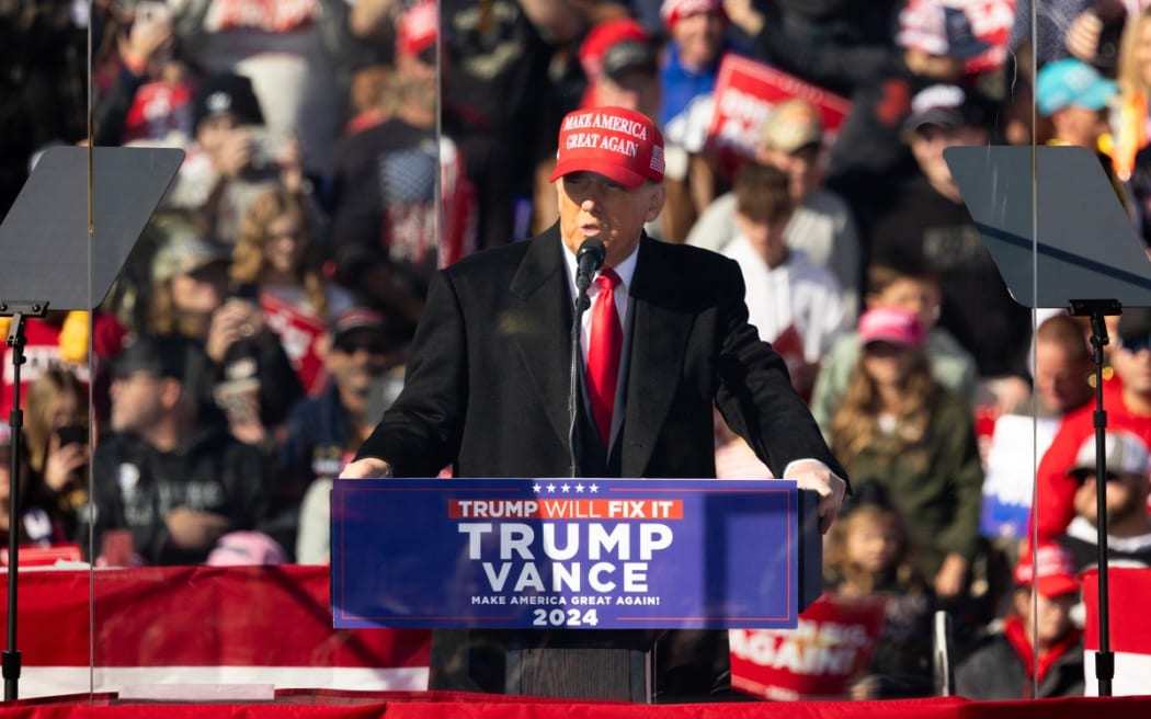 Former US President Republican presidential candidate Donald Trump speaks during a campaign rally in Lititz, Pennsylvania, on November 3, 2024.