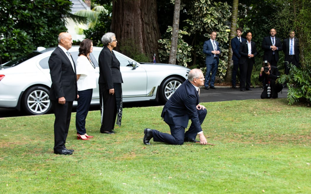 Australian Prime Minister Scott Morrison formally welcomed at Government House in Auckland