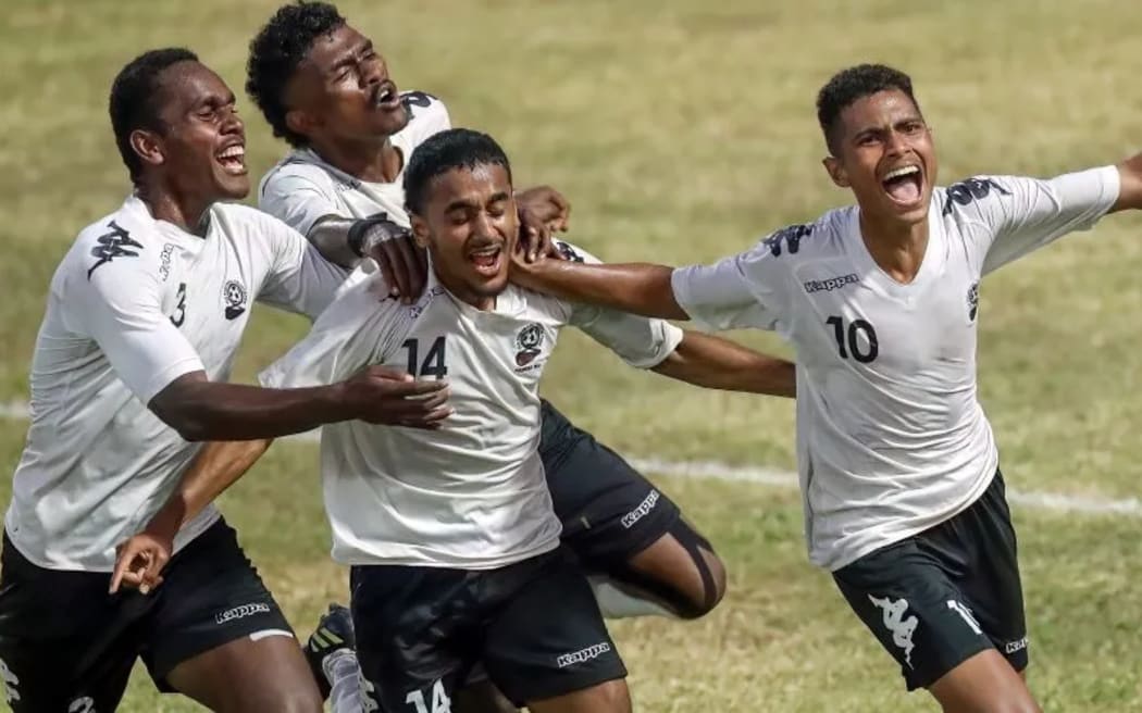 Fiji celebrate their only goal of the OFC U-19 Championship 2022 semi-final.