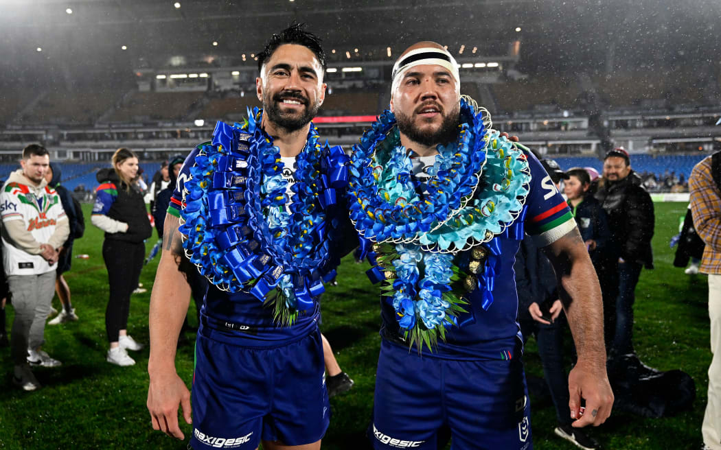 Warriors players Shaun Johnson and Jazz Tevaga after the game. Warriors v Bulldogs. NRL Rugby League. Go Media Mt Smart Stadium, Auckland, Friday 23 August 2024. © Photo: Andrew Cornaga / www.photosport.nz