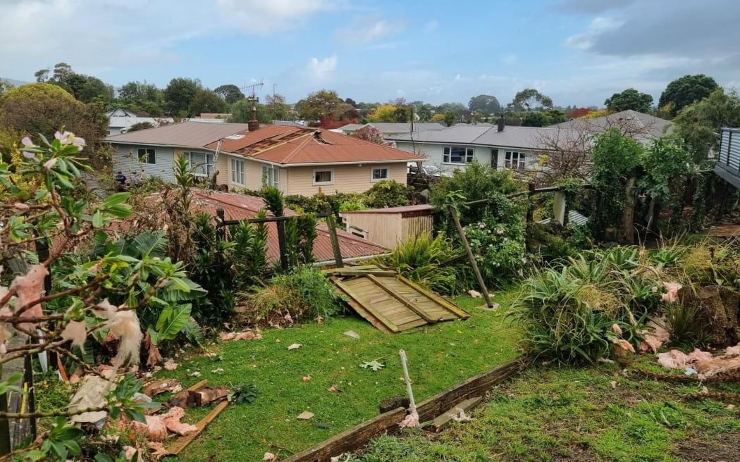 Houses damaged by the tornado in Aorangi Road, Paraparumu, 11 April 2023.