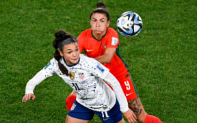 United States' Sophia Smith and Portugal's Ana Borges. USA v Portugal, Group Stage - Group E 2023 FIFA Women’s Football World Cup match at Eden Park, Auckland, New Zealand on Tuesday 1 August 2023. Mandatory credit: Alan Lee / www.photosport.nz