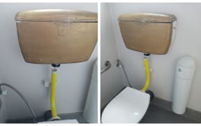 Images show the gold-painted toilet cistern that mysteriously appeared in New Plymouth's Gover Street public toilets in November 2023.