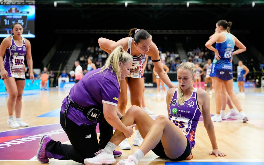 Stars Charlie Bell is injured during the Norrthern Mystics v Stars ANZ Premiership match at Eventfinda Stadium, Auckland, New Zealand, on Sunday May 11th 2025.

© Mandatory credit: Blake Armstrong / www.photosport.nz