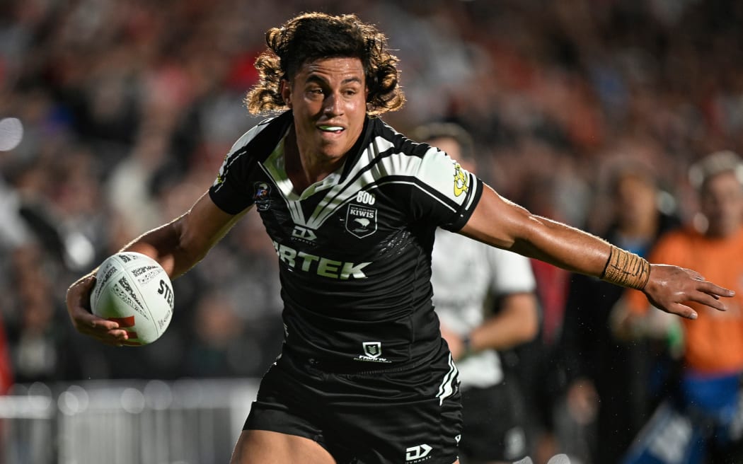 Joseph Tapine, on the charge for the Kiwis against Tonga in a Pacific Championship rugby league test at Mount Smart Stadium, 2 Nov, 2024.