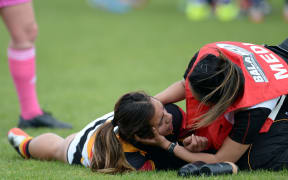 Waikato's Stacey Waaka is checked for concussion during the Women's Rugby NPC semifinal in October 2015.