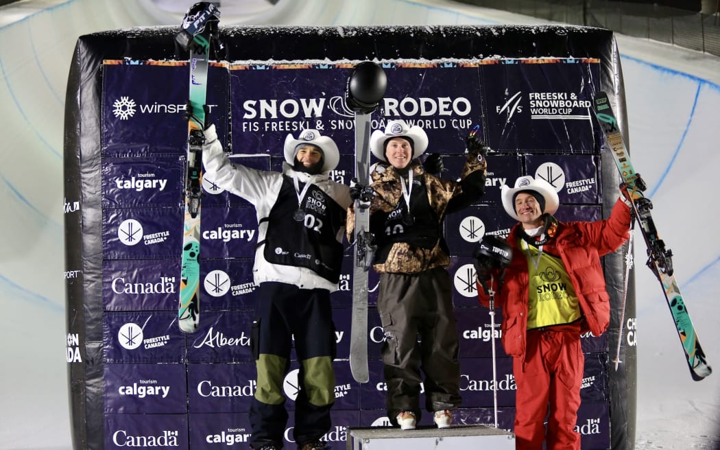 Men’s FIS Freeski Halfpipe World Cup podium in Calgary [L-R] Nick Goepper (USA) 2nd, Finley Melville Ives (NZL) 1st, Alex Ferreira (USA) 3rd.