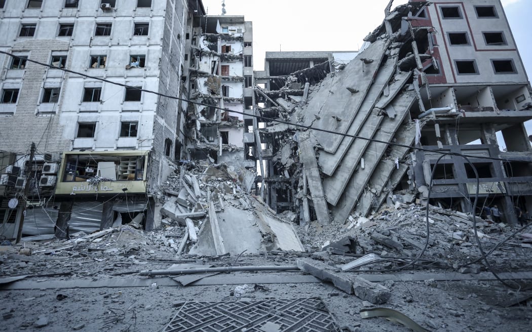 Rubble of destroyed buildings after an Israeli air strike in Gaza City, on 8 October, 2023.