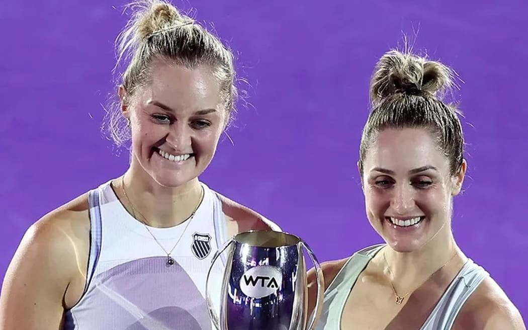 New Zealand’s Erin Routliffe (left) and partner Gaby Dabrowski celebrate after victory in the WTA Finals.