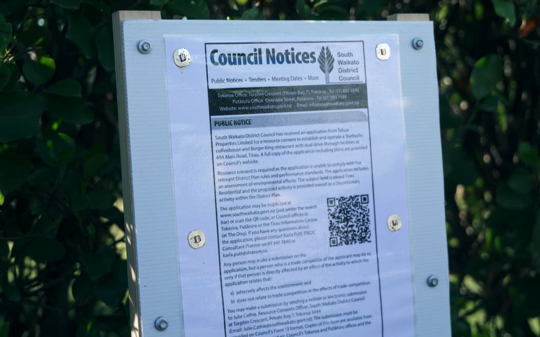 The local council has posted a public notice advising of the application to set up a Burger King and a Starbucks in Tīrau.