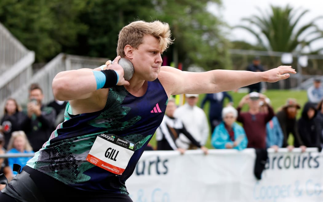 Jackson Jacko Gill of New Zealand during the mens shot putt at the Sir Graeme Douglas International Athletic meet , Trusts Arena,  Auckland, New Zealand on Thursday 16 March 2023. Mandatory credit: Lynne Cameron / www.photosport.nz