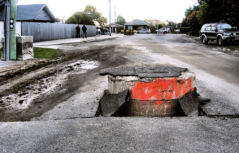 A quake-damaged storm drain in Christchurch.