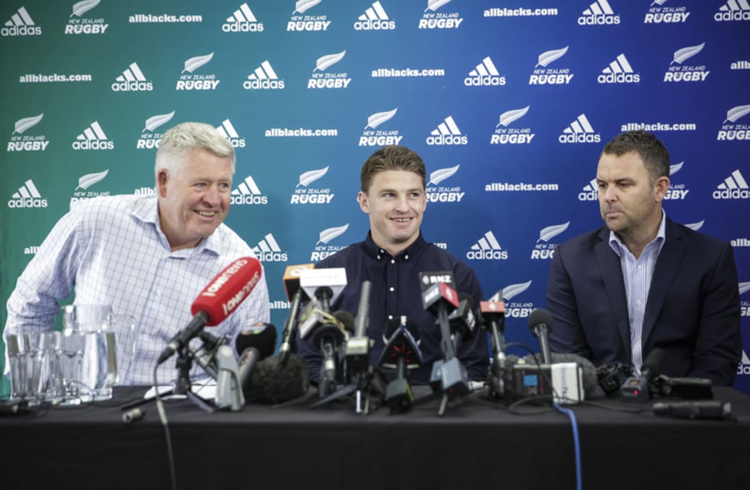29082016 Photo: Rebekah Parsons-King. New Zealand Rugby on Monday confirmed All Blacks and Hurricanes first five-eighth Beauden Barrett signed until the next World Cup in Japan. New Zealand Rugby chief executive: Steve Tew, Beauden Barrett, Hurricanes Chief Executive Avan Lee.