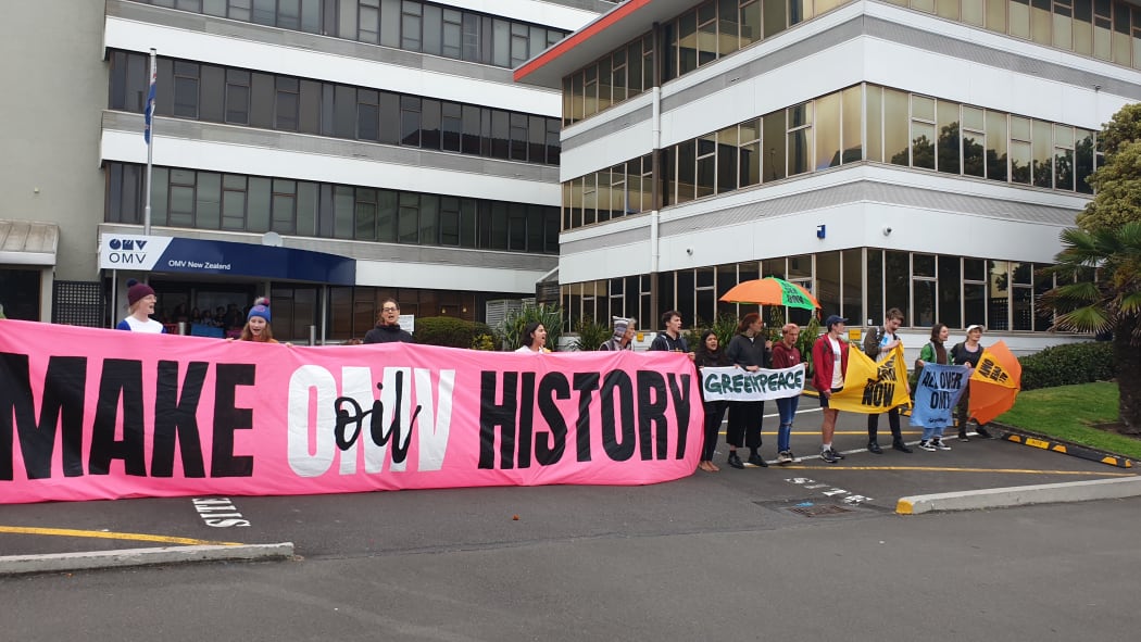Protesters outside the OMV offices in New Plymouth on 2/12/19.