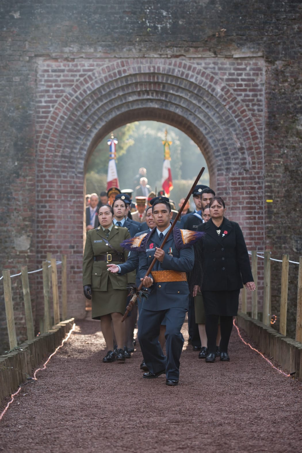 NZDF Māori group welcome the Le Quesnoy Centenary Offical Party into the National Commemorative Service.