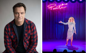 Rory O'Neill on the left hand side, next to a photo of his drag persona Panti Bliss on stage.