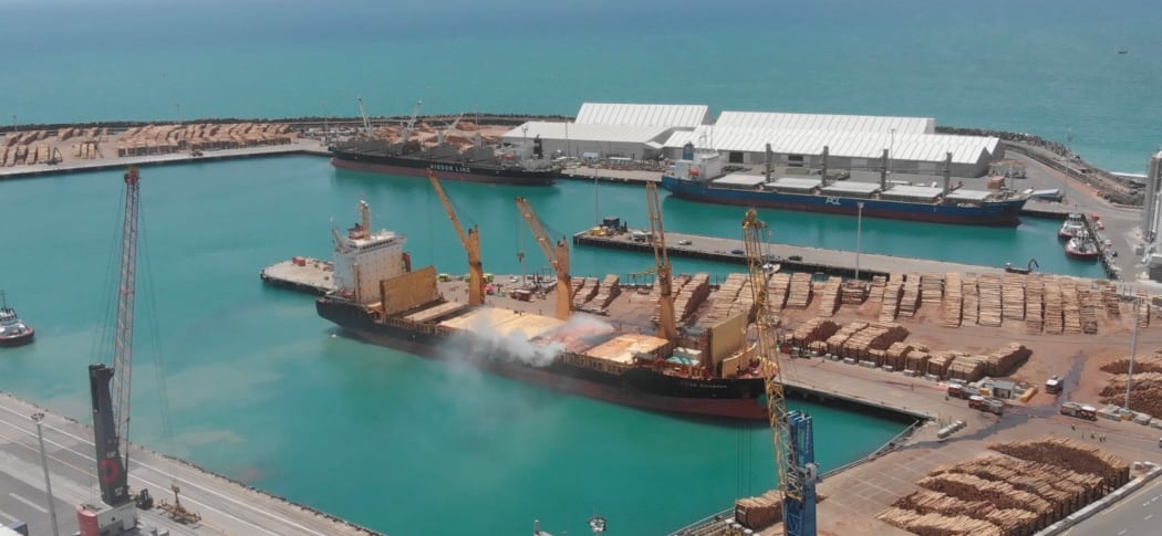 Clouds of smoke billow out of a container ship at Napier Port on 18 December, 2020.
