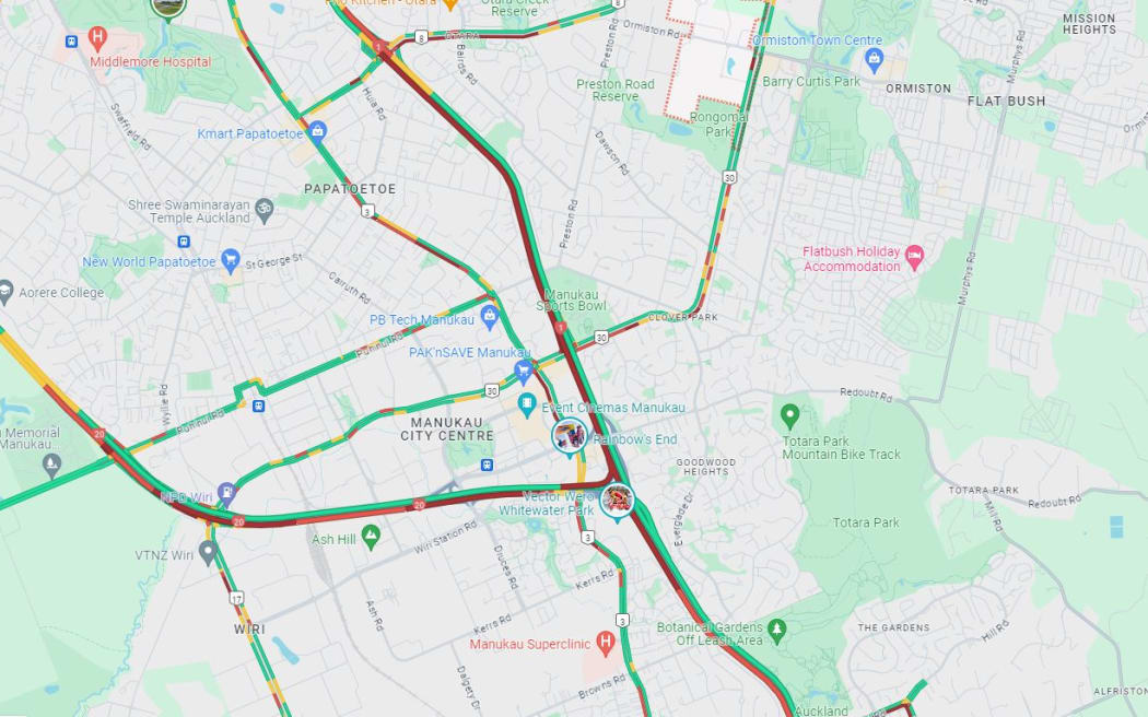 A map showing traffic at 8.30am Monday on Auckland's SH1 and SH20.