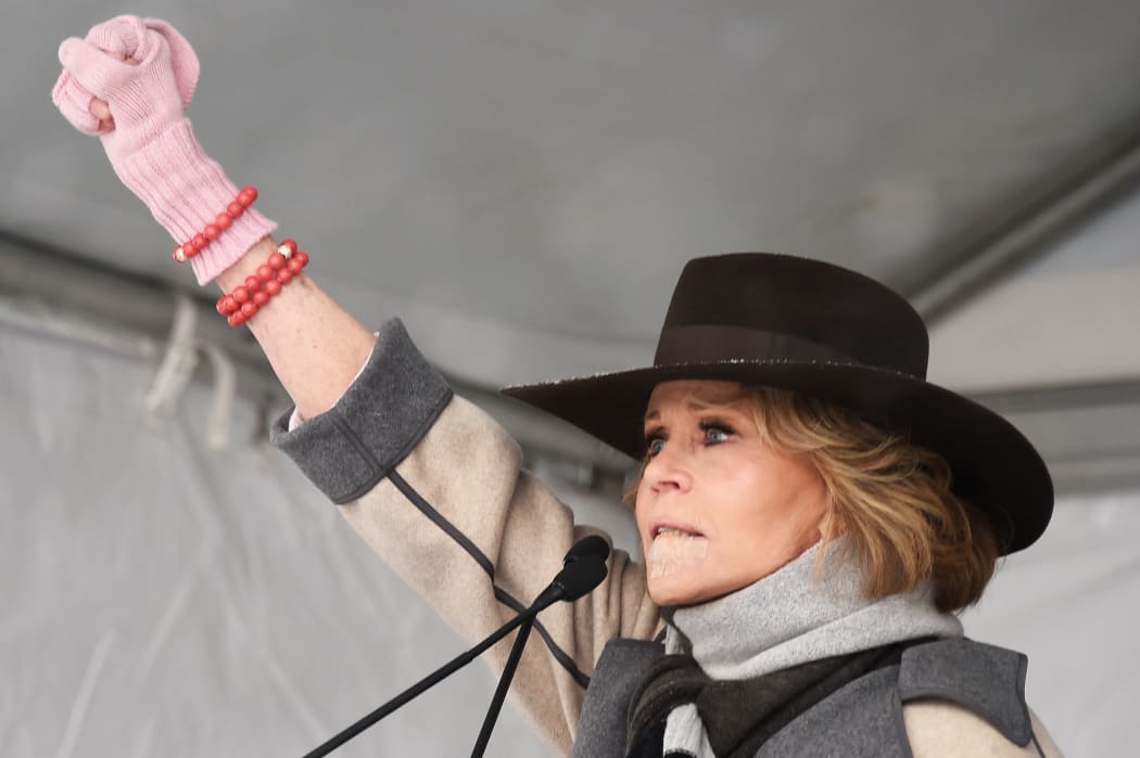 Jane Fonda speaks onstage at the Respect Rally during the 2018 Sundance Film Festival.
