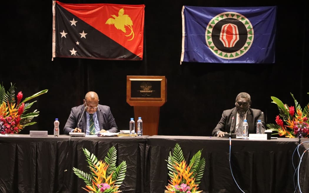 File photo: ABG President Ishmael Toroama, right, and PNG Prime Minister James Marape at the last JSB Meeting in Port Moresby in July this year.