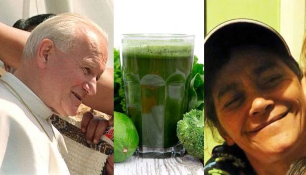 combination picture of Pope, smoothie and Jo Whiu