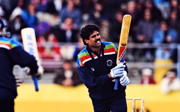 Kapil Dev playing for India against New Zealand at Carisbrook, Dunedin, 1992 World Cup.