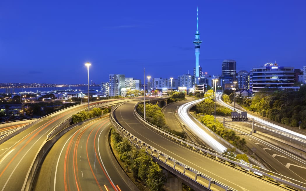 Sky Tower and Southern Motorway viewed from Hopetoun Street, Auckland.
