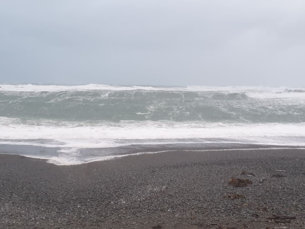 Large waves at Owhiro Bay, Wellington, on 2 July 2020