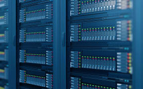 Modern server rack with data center hardware. networking, net-net security and data analysis. Computer processor and medical mask. server rack with computers, servers and processor. Advanced technology in data center. Mainframes. Workplace and technologies concept.