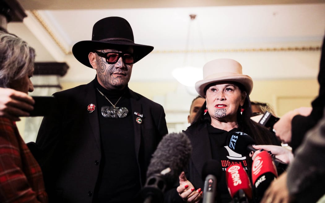 Te Pati Māori co-leaders Rawiri Waititi and Debbie Ngawera-Packer speak to media following the Budget announcement on 30 May 2024.