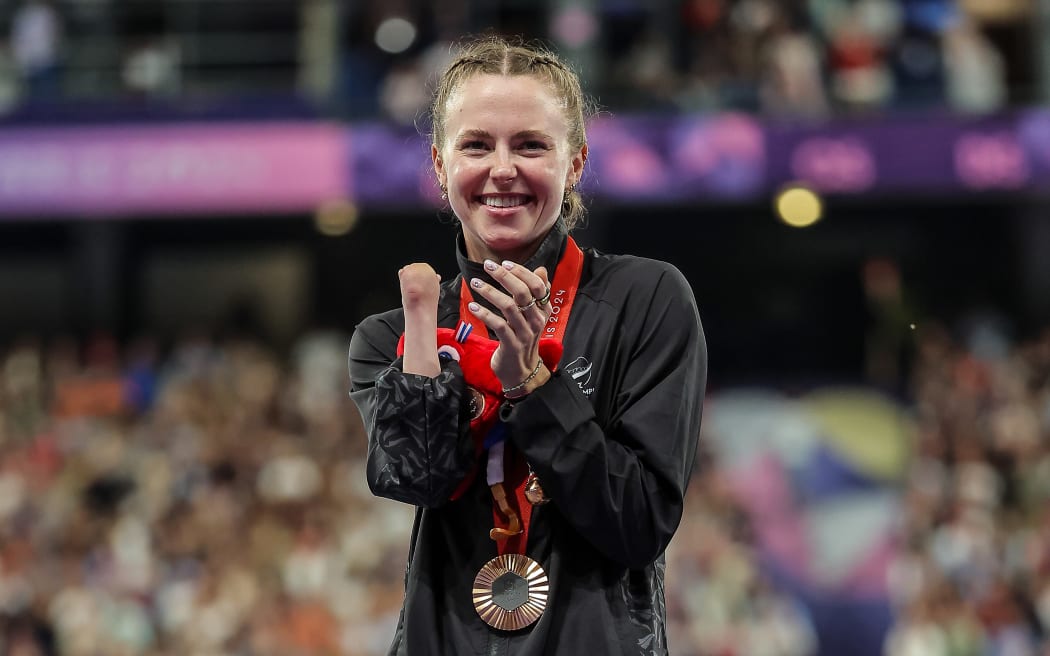 Anna Grimaldi of New Zealand celebrates her bronze medal in the Women’s 100m T47 final at Stade de France,  2024 Paris Paralympics.