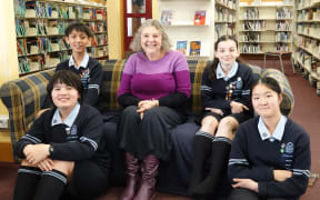 Palmerston North Intermediate Normal School's kids' lit quiz team is off to the world champs. Back, from left, are Hridaansh Chettri, coach Lynette Collis and Yahli Klein. Front, Annabelle Godfrey, left, and Avon Pan.