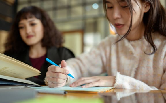 Two friends collaborate on schoolwork at a cozy cafe table, sharing ideas and materials.