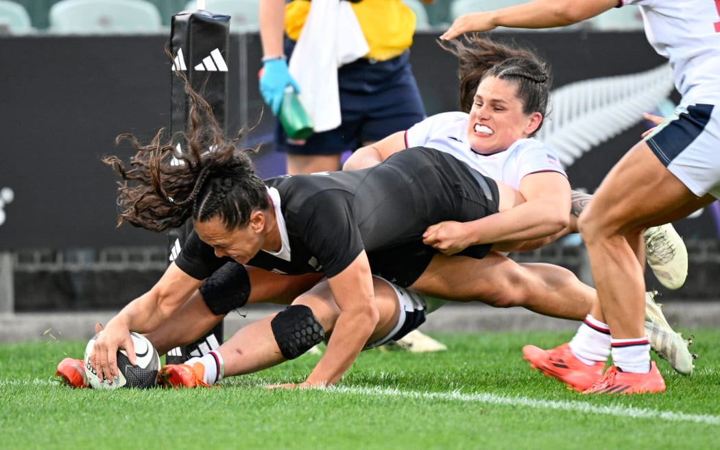 Portia Woodman-Wickliffe of New Zealand scores a try, New Zealand Black Ferns v USA Eagles Women, match 6 of the Pacific Four Series women’s rugby union tournament at North Harbour Stadium, Auckland, New Zealand on Saturday 24 May 2025. © Photo: Andrew Cornaga / Photosport