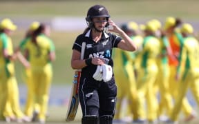 White Ferns Amelia Kerr walks from the field after being dismissed by Australia 2021.