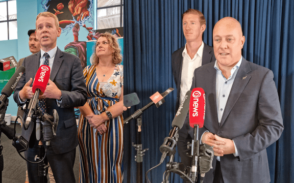 Labour leader Chris Hipkins (left) and National leader Christopher Luxon (right) on their respective election campaigns in Tauranga on Thursday.