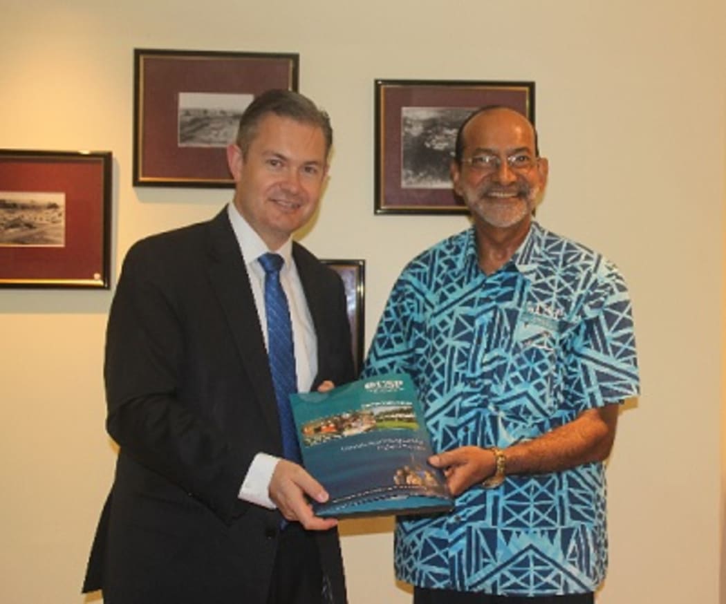 Jonathan Curr, New Zealand’s High Commissioner and Professor Rajesh Chandra, Vice-Chancellor and President of USP following the visit and discussions at the Laucala Campus.