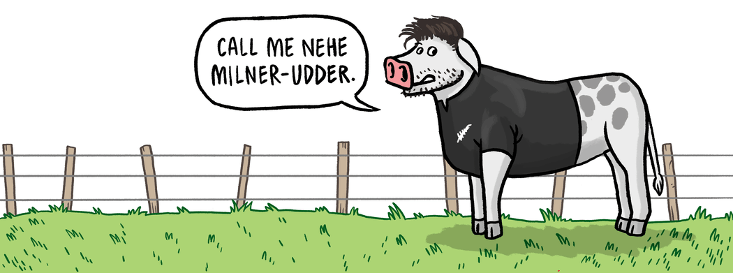A cow wearing an All Blacks jersey says "call me Nehe Milner-Udder"