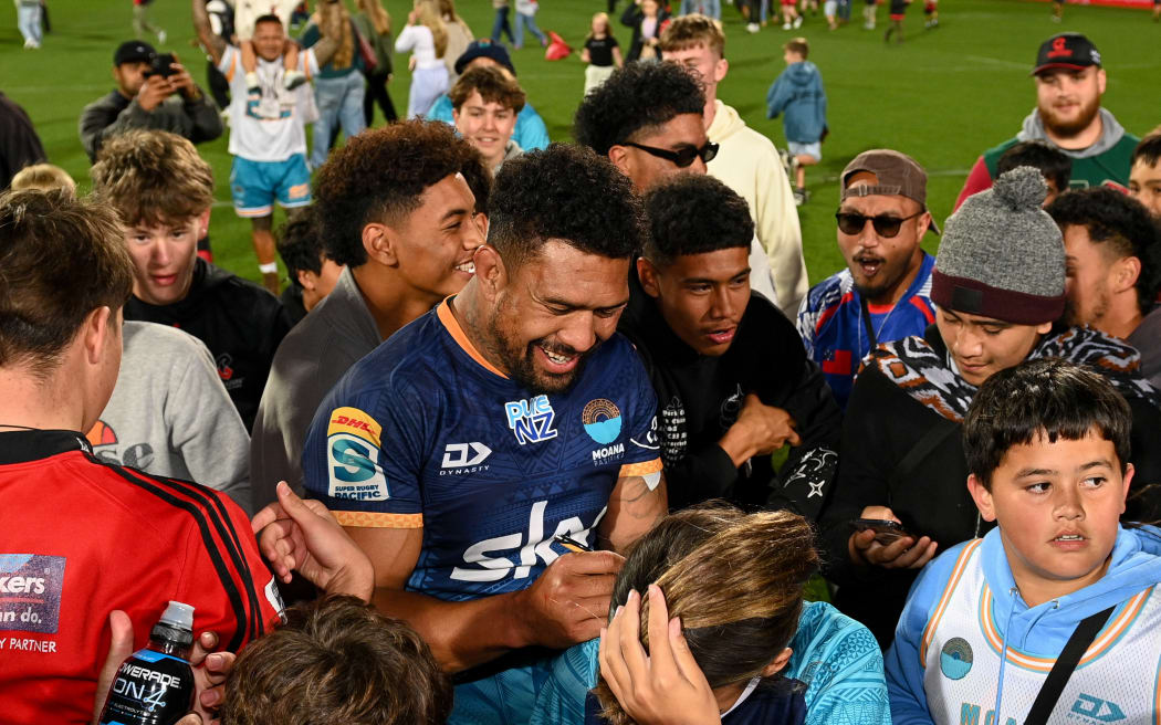 Ardie Savea of Moana Pasifika with fans after winning the Super Rugby Pacific - Crusaders v Moana Pasifika at Apollo Projects Stadium, Christchurch, New Zealand, 29th March 2025. Copyright photo: John Davidson / www.photosport.nz