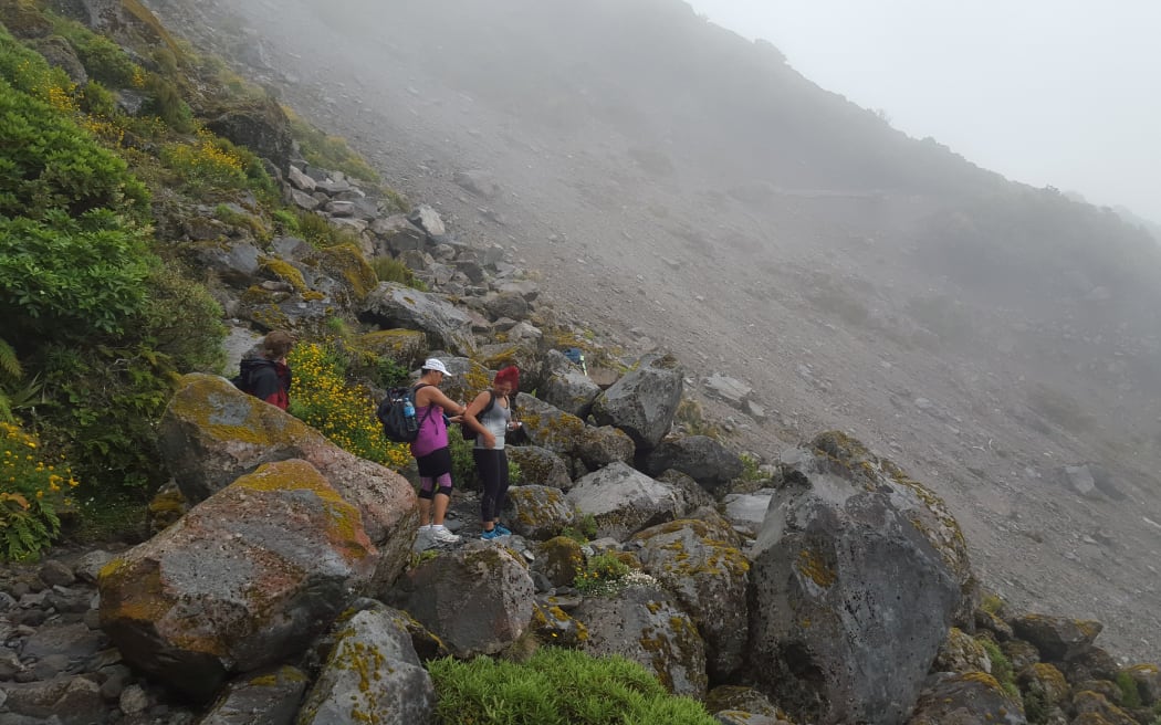 Walkers negotiate the Boomerang Slip on the Pouakai Crossing.