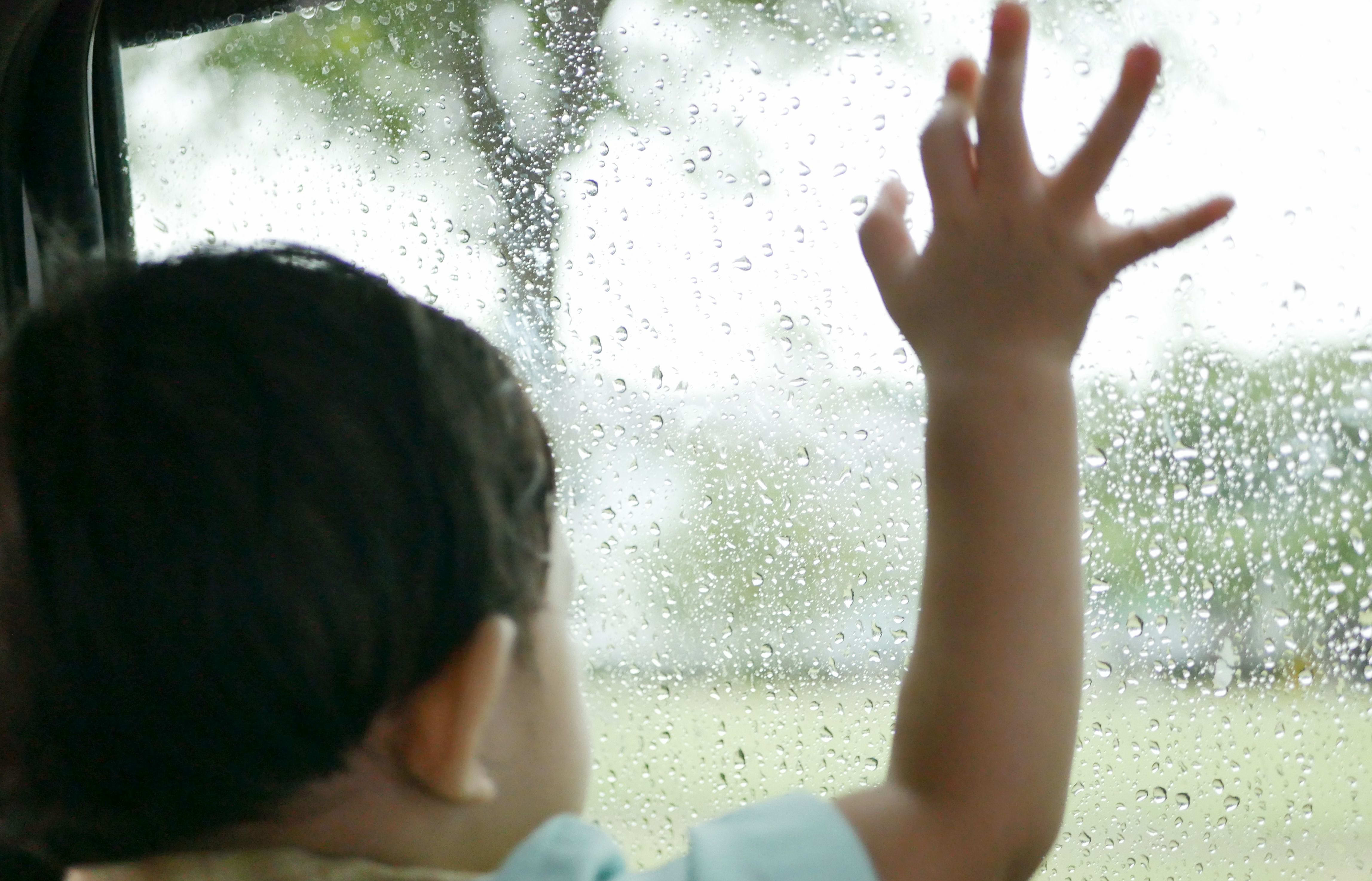 A toddler looking out the window.