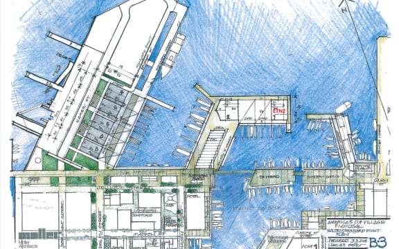 An artist impression of the government's latest America's Cup village plan, dropping the extension of Hobson Wharf on the eastern side.