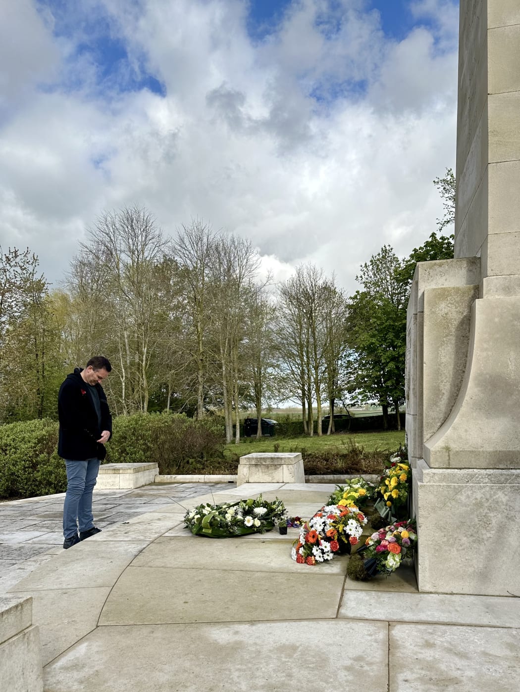 Andrew Mehrtens laying a wreath for the WWI All Blacks at the New Zealand Memorial at Messines, Anzac Day 2023