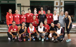 Tonga netball coach Jaqua Heddle (Top Left) and the squad for the 2019 Pacific Nations Cup.