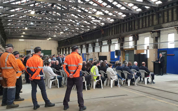 Regional Development Minister Shane Jones at Dunedin's Hillside workshop announcing nearly $20m from the Provincial Growth Fund for upgrades.