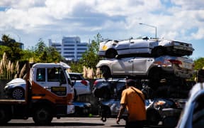 Damaged cars piled up at Zebra's Broken Car Collection in Manukau.
